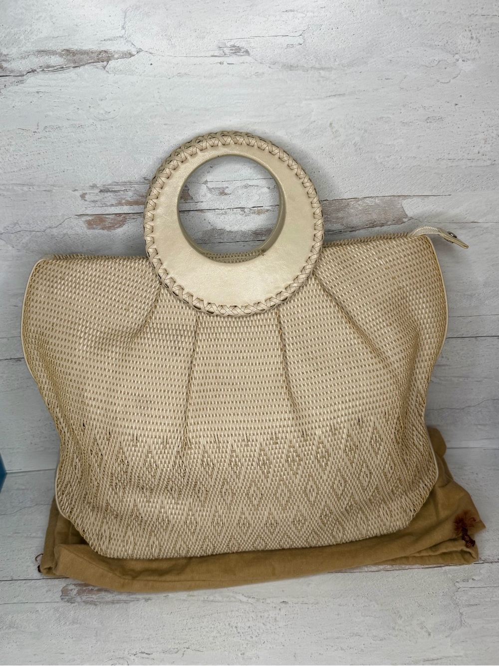 Monsac Beige Woven Ring-Handle Bag